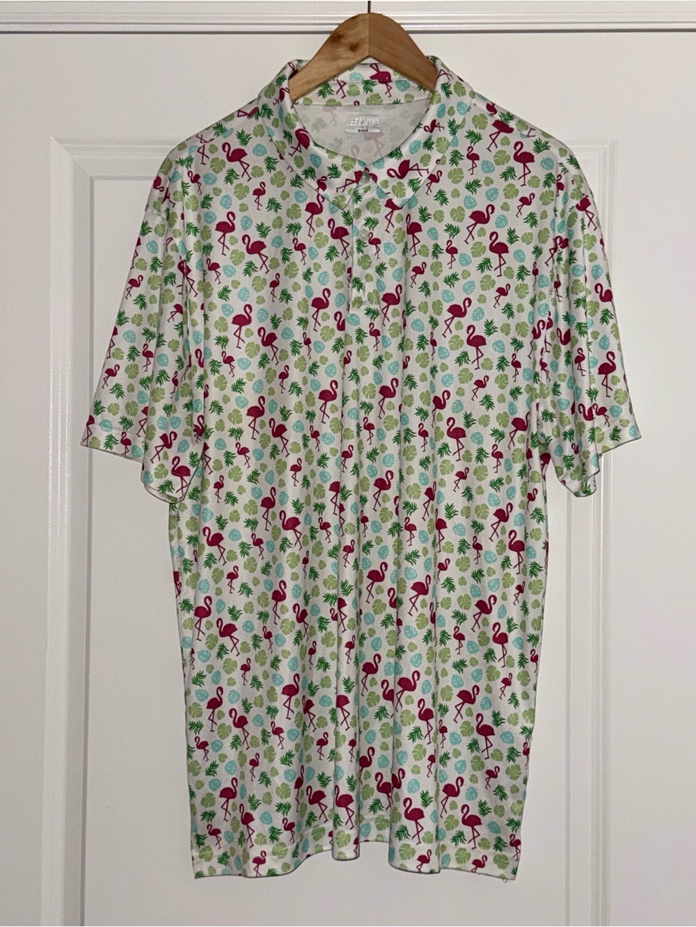 BCG Men’s 2XL Flamingo Tropical Golf Shirt Hawaiian Palm Leaf Print